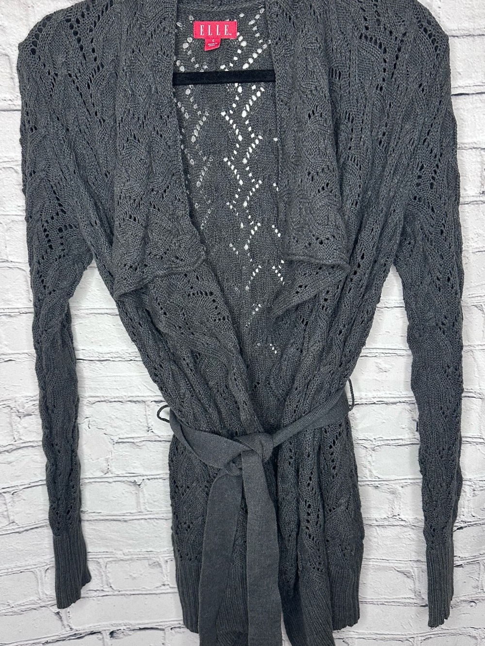 ELLE Charcoal Gray Open-Knit Belted Cardigan
